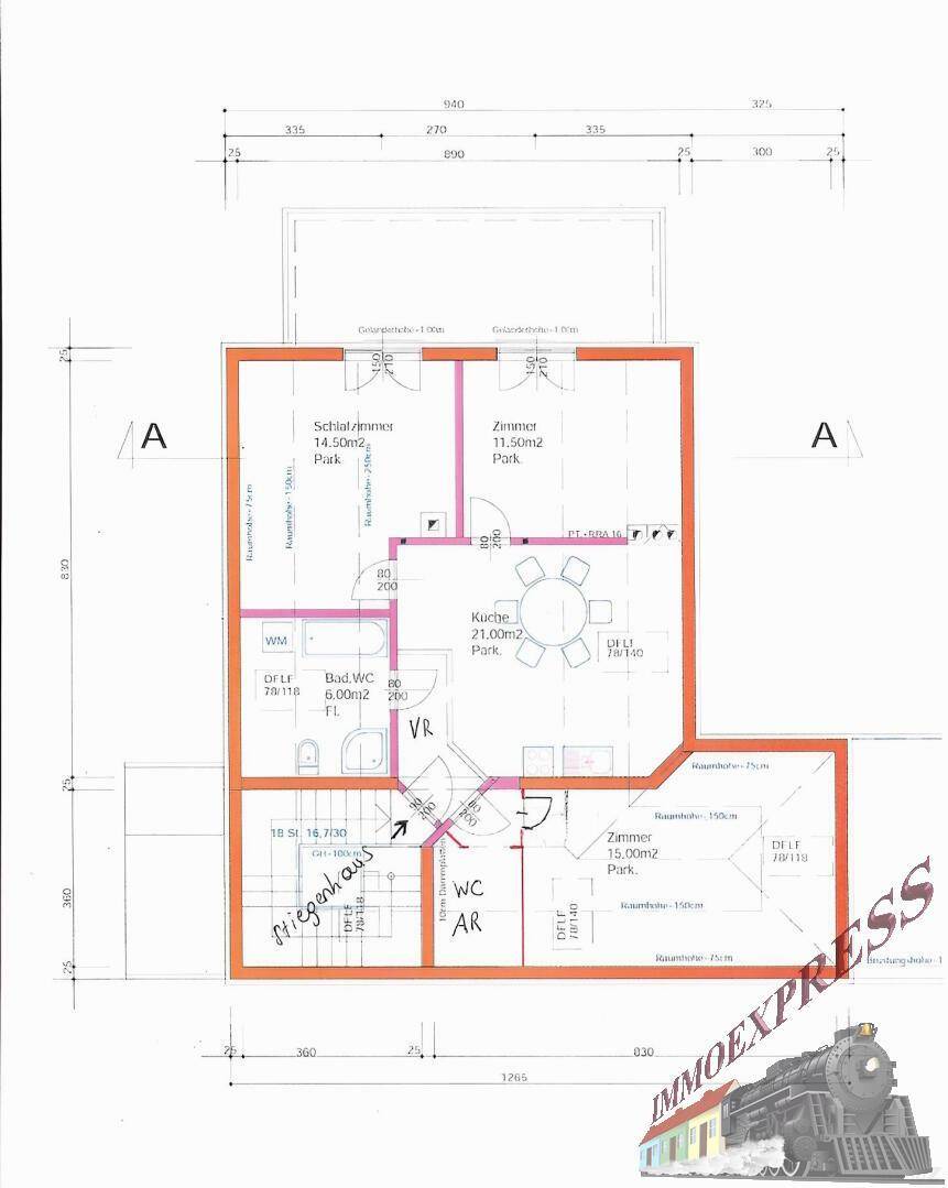 Grundriss des Dachgeschosses mit Schlafzimmern, Bad, separatem WC und offener Küche.