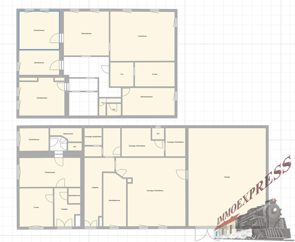 Zwei separate Grundrisse zeigen die Aufteilung eines Hauses mit Wohnbereichen, Schlafzimmern, Bädern und einer Garage.