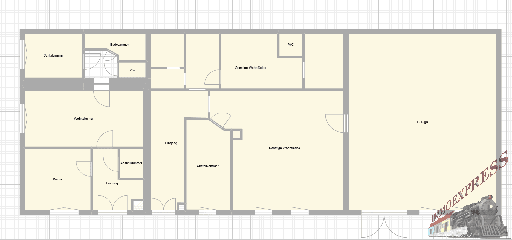 Grundriss der unteren Etage mit Wohnzimmer, Küche, Schlafzimmer, Bad, Abstellkammern und großer Garage.