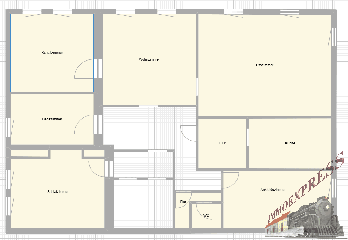 Detaillierter Grundriss einer Wohneinheit mit Schlafzimmern, Wohnzimmer, Esszimmer und Küche.