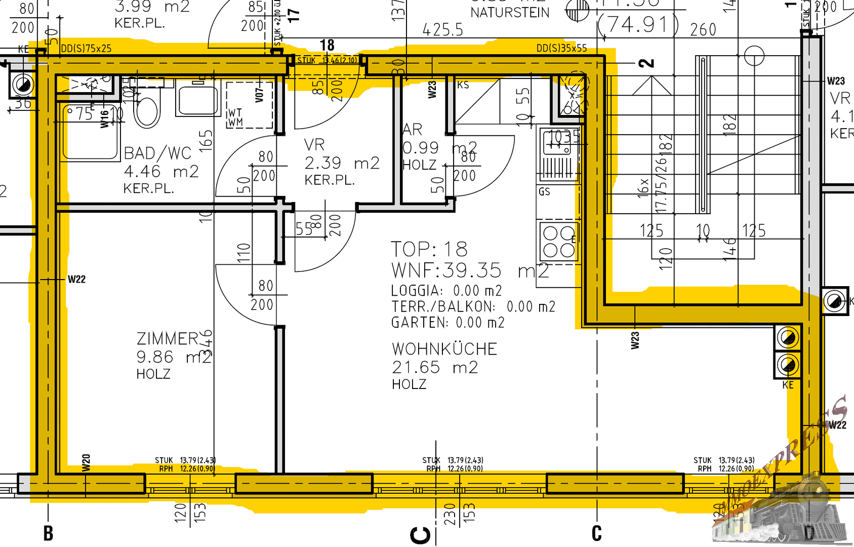 Grundriss der Wohnung mit Wohnküche, Zimmer, Bad und Vorraum.