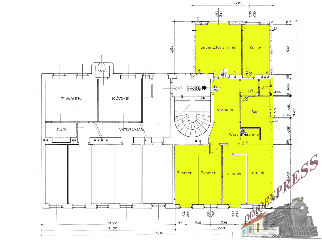Grundrissplan einer Wohnung mit mehreren Zimmern, Küche, Bad und WC.