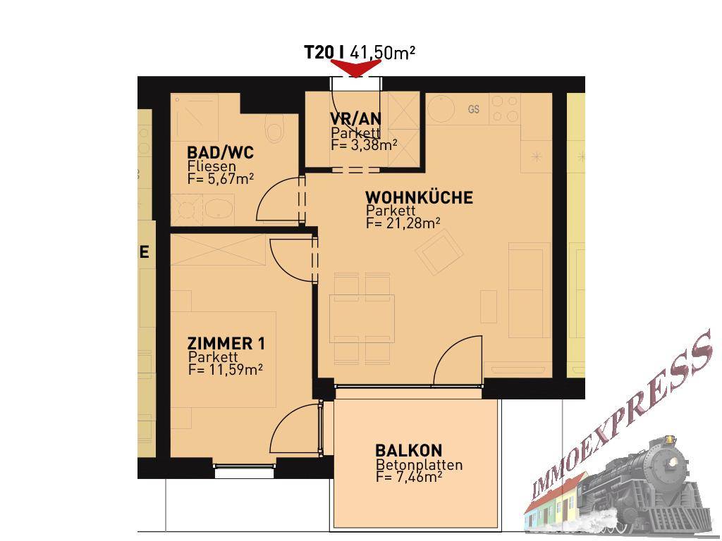 Grundriss einer Wohnung mit Wohnküche, Schlafzimmer, Bad und Balkon auf 41,50m².