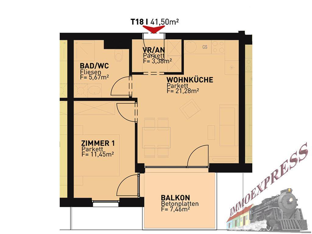 Übersichtlicher Grundriss einer Wohnung mit Wohnküche, Zimmer, Bad und Balkon.