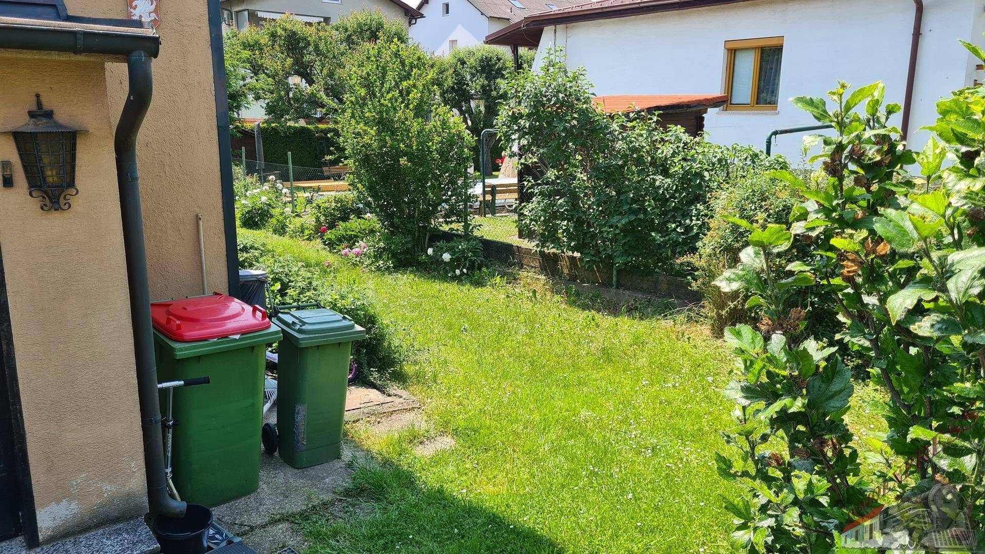 Gepflegter Gartenbereich neben dem Hauseingang mit Rasenfläche und Mülltonnen.