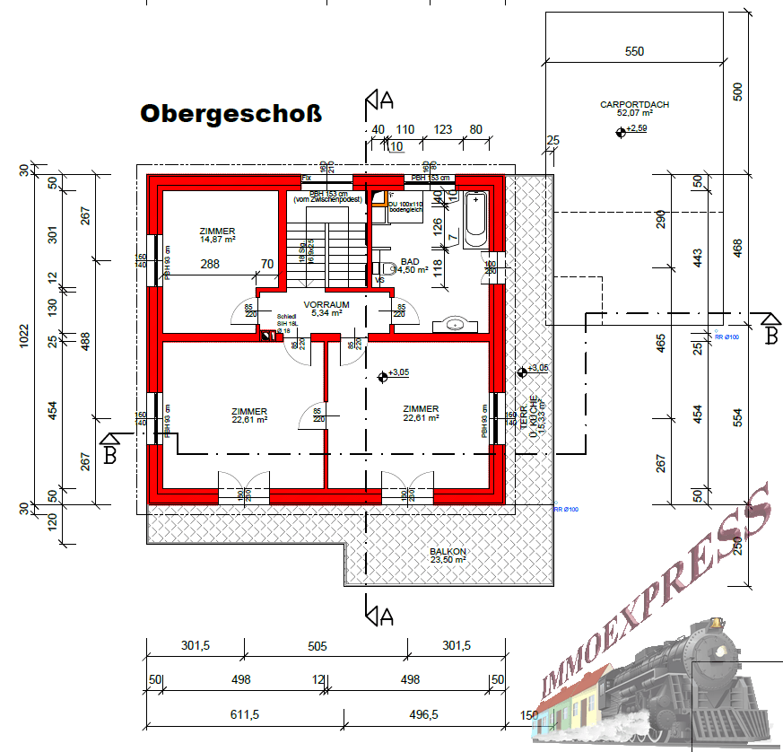 Grundriss des Obergeschosses mit Schlafzimmern, Badezimmer und Zugang zu einem Balkon.
