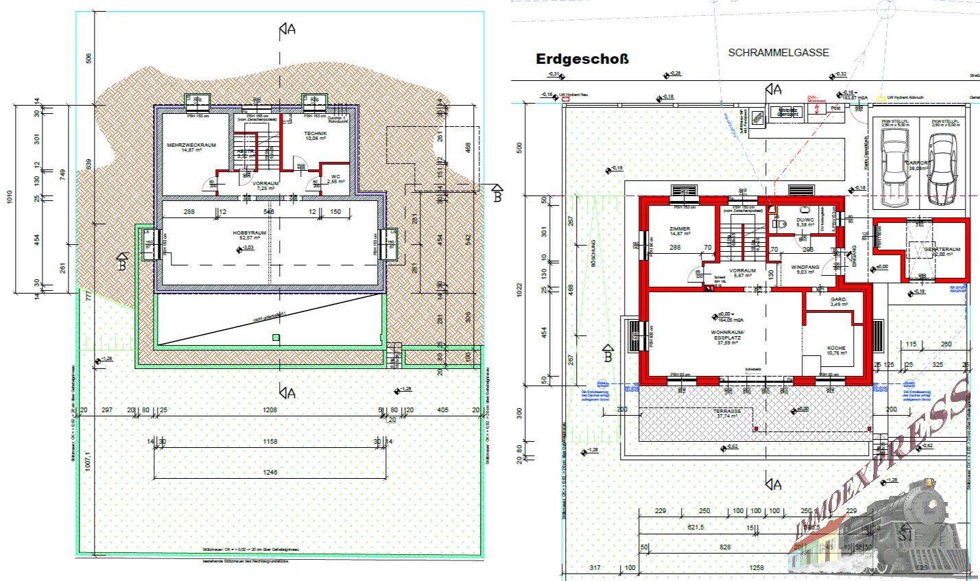 Grundrisspläne des Erdgeschosses und des Kellers mit detaillierter Raumaufteilung und Abmessungen.
