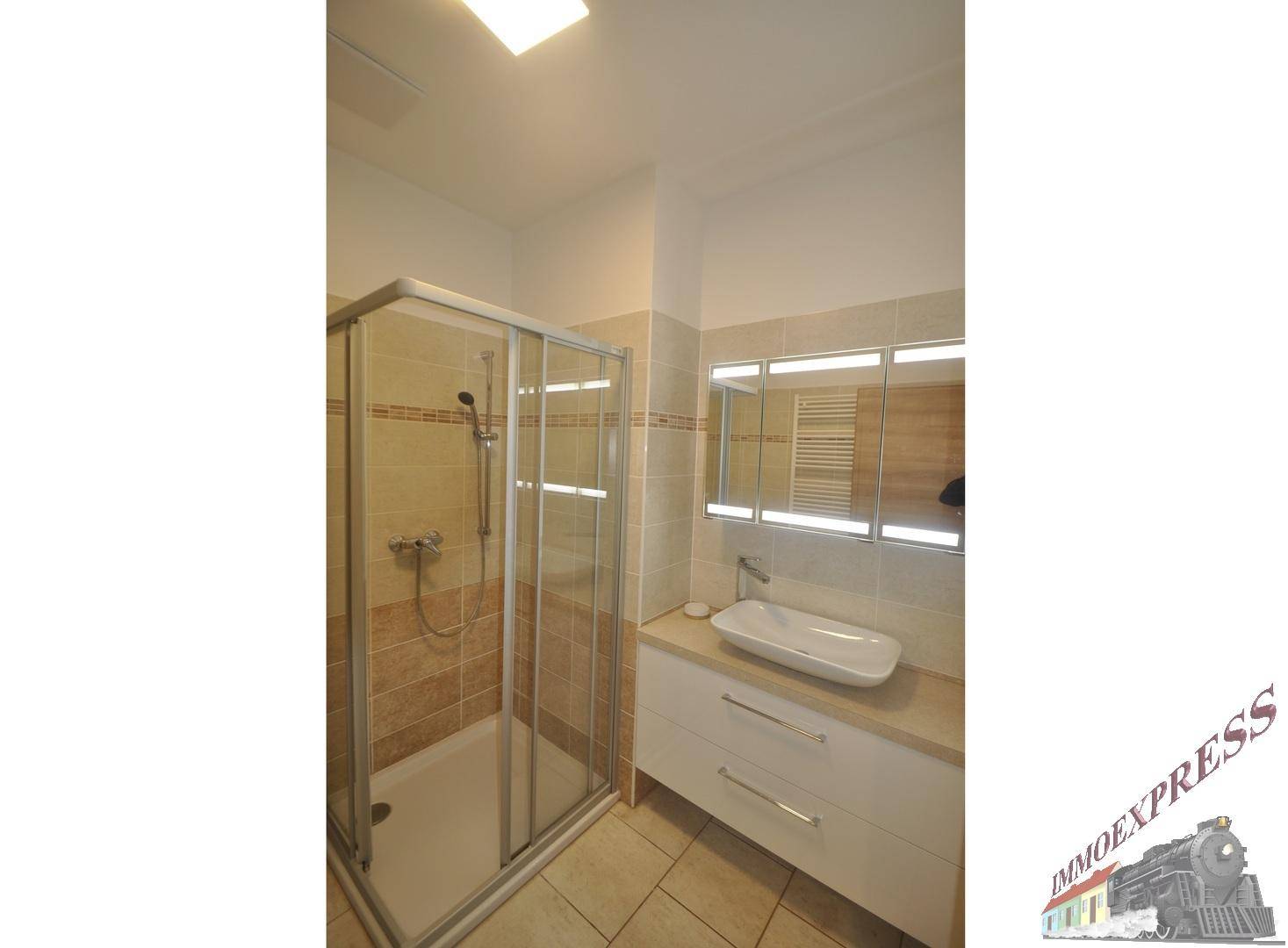 Badezimmer mit Duschkabine, modernem Waschbecken und Spiegelschrank.