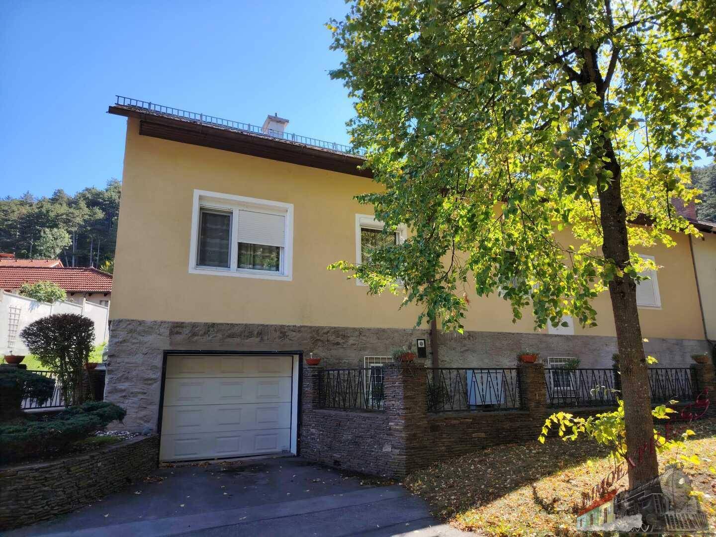 Vorderansicht des Hauses mit integrierter Garage und einem Baum im Vorgarten. Solide Bauweise mit viel Grün.