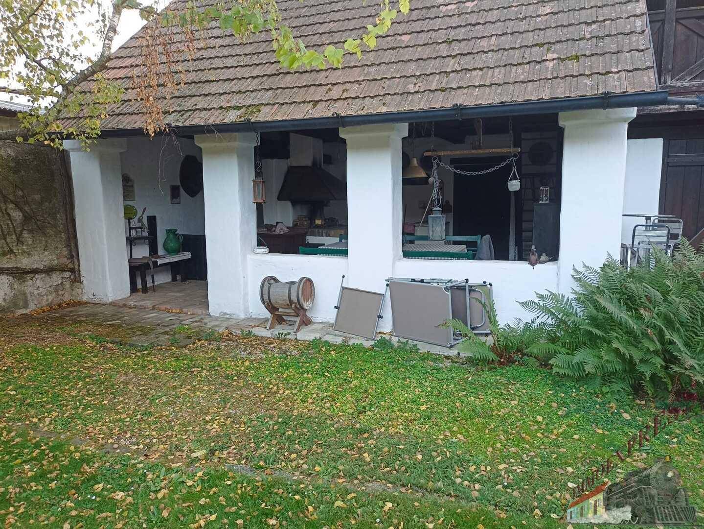 Gartenbereich vor einer überdachten Terrasse mit Rasen und Herbstlaub.