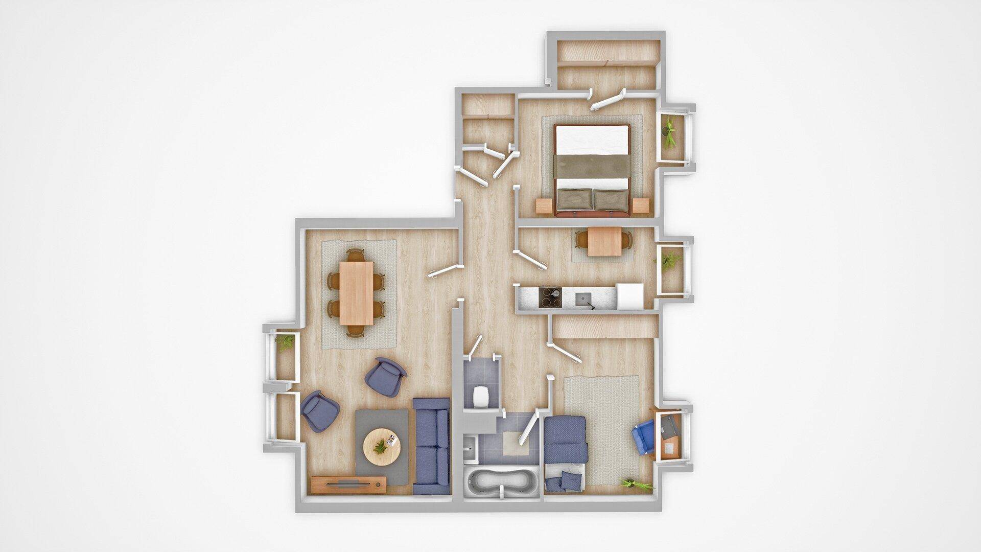 Detaillierter Grundriss einer Wohnung mit offenem Wohnbereich, zwei Schlafzimmern und Balkon.