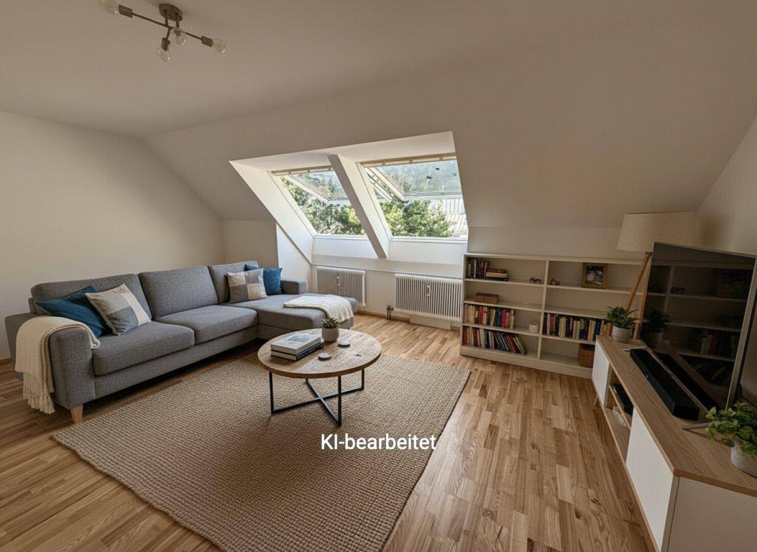 Gemütliches Wohnzimmer im Dachgeschoss mit Sofa, Holzboden und zwei großen Dachfenstern.