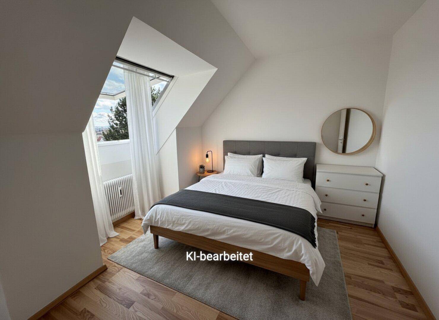 Helles Schlafzimmer im Dachgeschoss mit Holzboden, Bett und Dachfenster mit Ausblick.