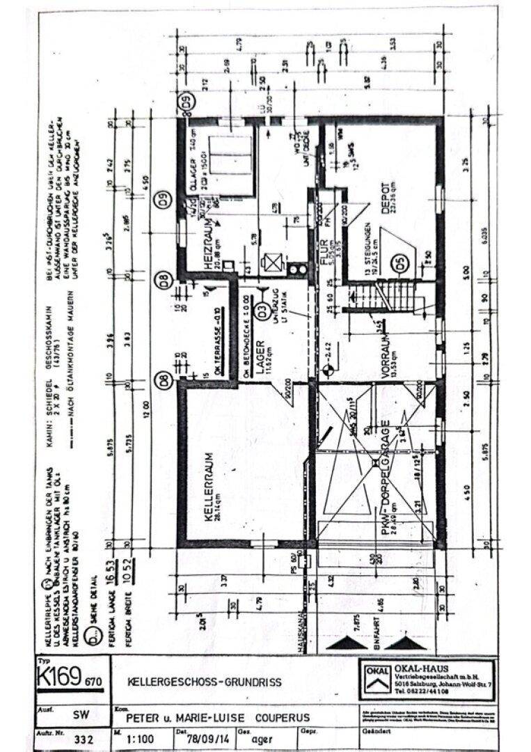 Grundriss des Kellergeschosses mit Doppelgarage, Heizraum und mehreren Kellerräumen.