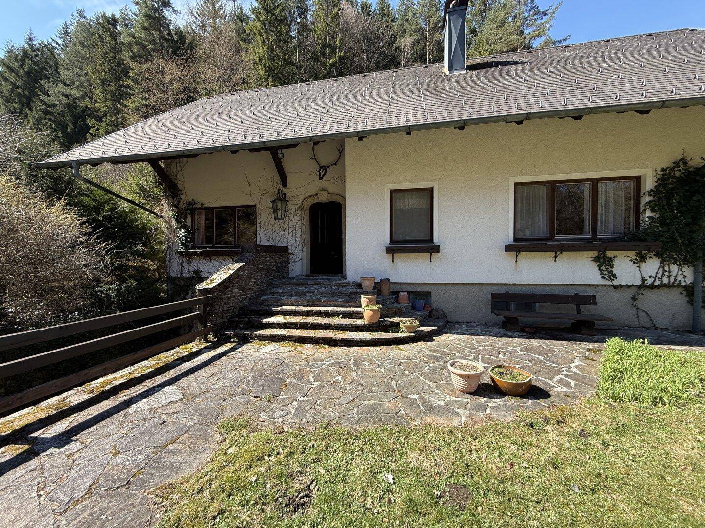 Detailansicht des Hauseingangs mit rustikaler Steintreppe und gepflastertem Bereich vor der Tür.
