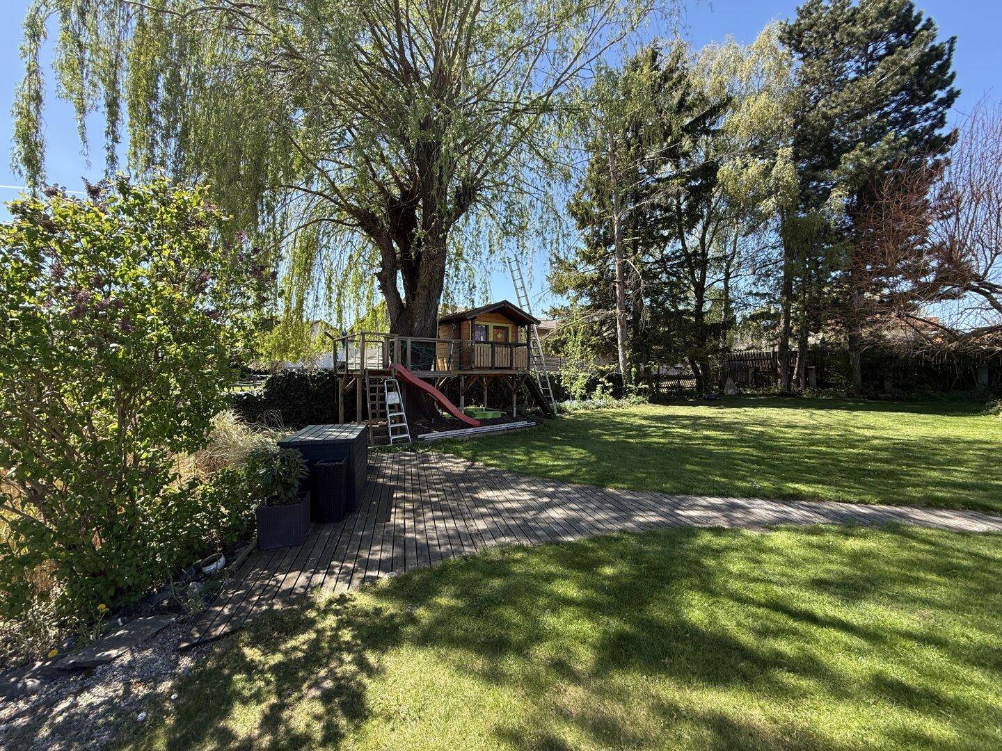 Sonniger Gartenbereich mit großem Baum, Baumhaus und Rutsche, ideal für Kinder zum Spielen.