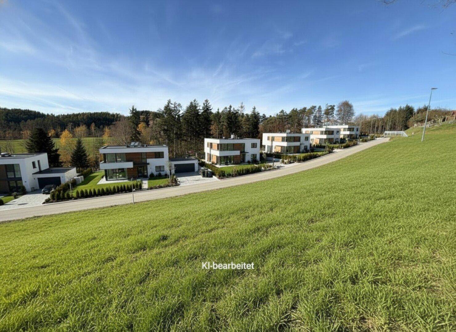 Reihe moderner Häuser mit Flachdächern und großen Glasfronten an einem grünen Hang.