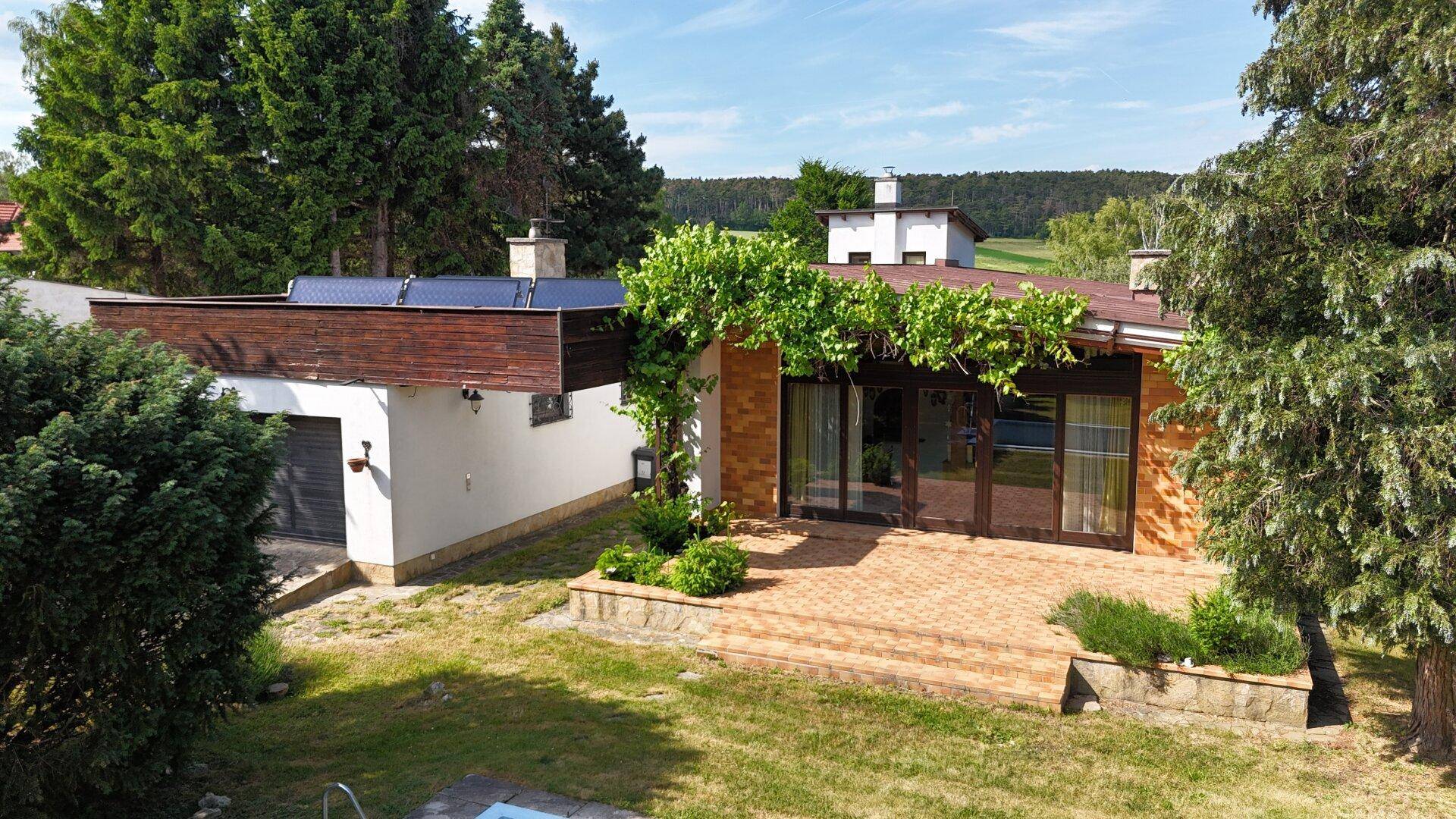 Rückseite des Hauses mit großer gepflasterter Terrasse, umrankt von Pflanzen und Blick in den Garten.