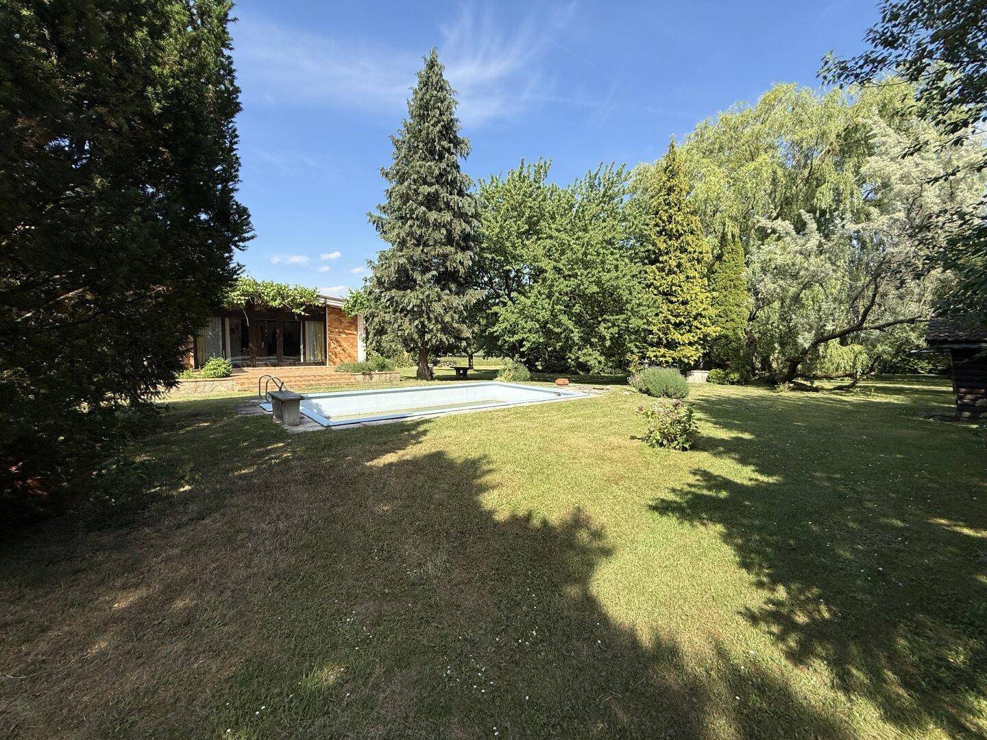 Großer Gartenbereich mit Swimmingpool und altem Baumbestand, ideal für Entspannung im Freien.