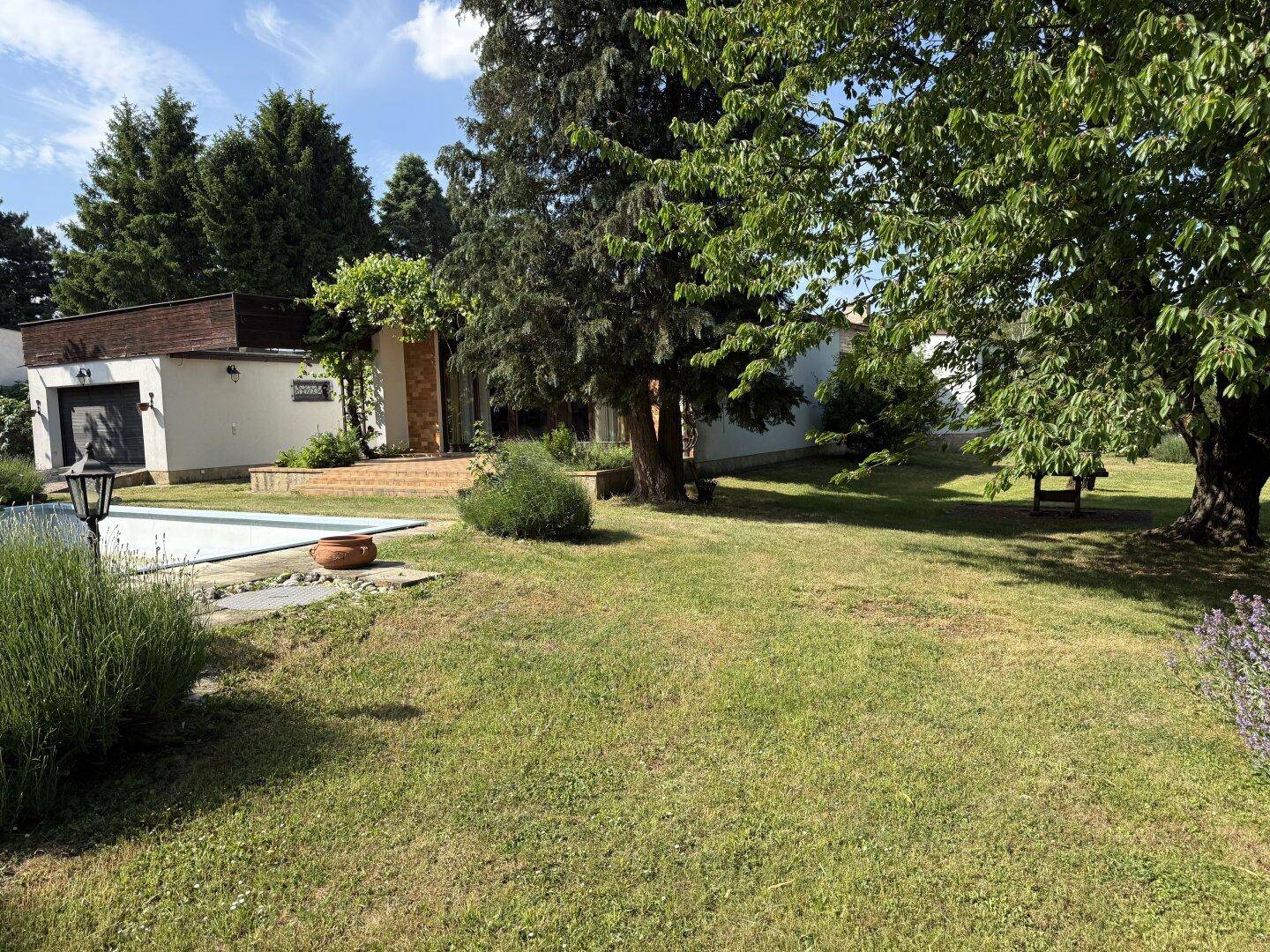 Gepflegter Garten mit Rasenfläche und altem Baumbestand, der viel Privatsphäre bietet.