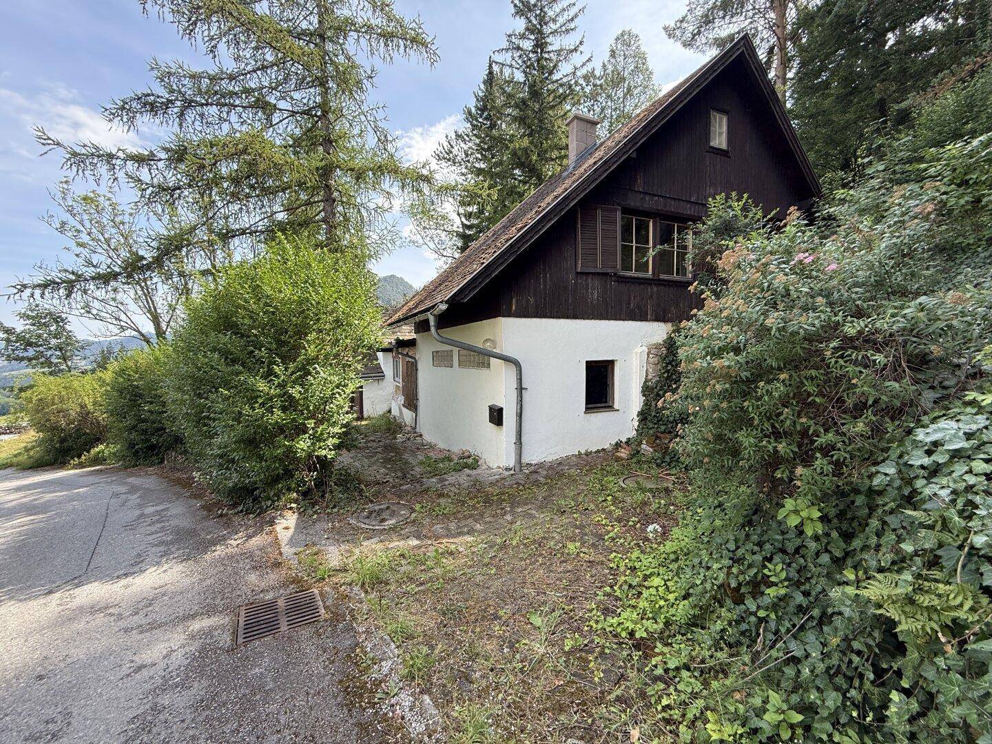 Ländliches Haus mit dunkler Holzverkleidung und weißem Sockel, eingebettet in grüne Natur.