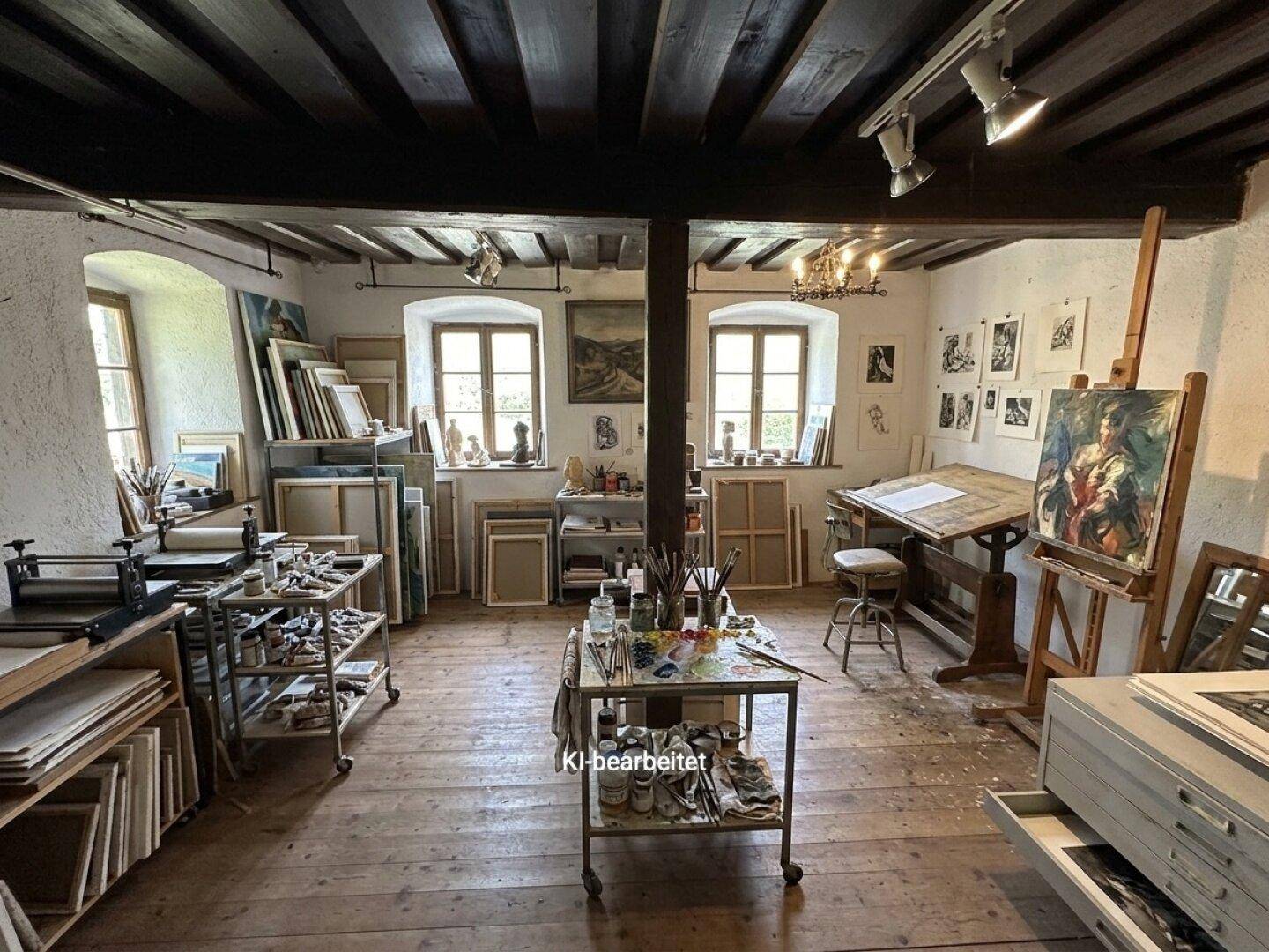 Helles Künstleratelier mit Holzbalkendecke, Dielenboden und zahlreichen Kunstwerken.