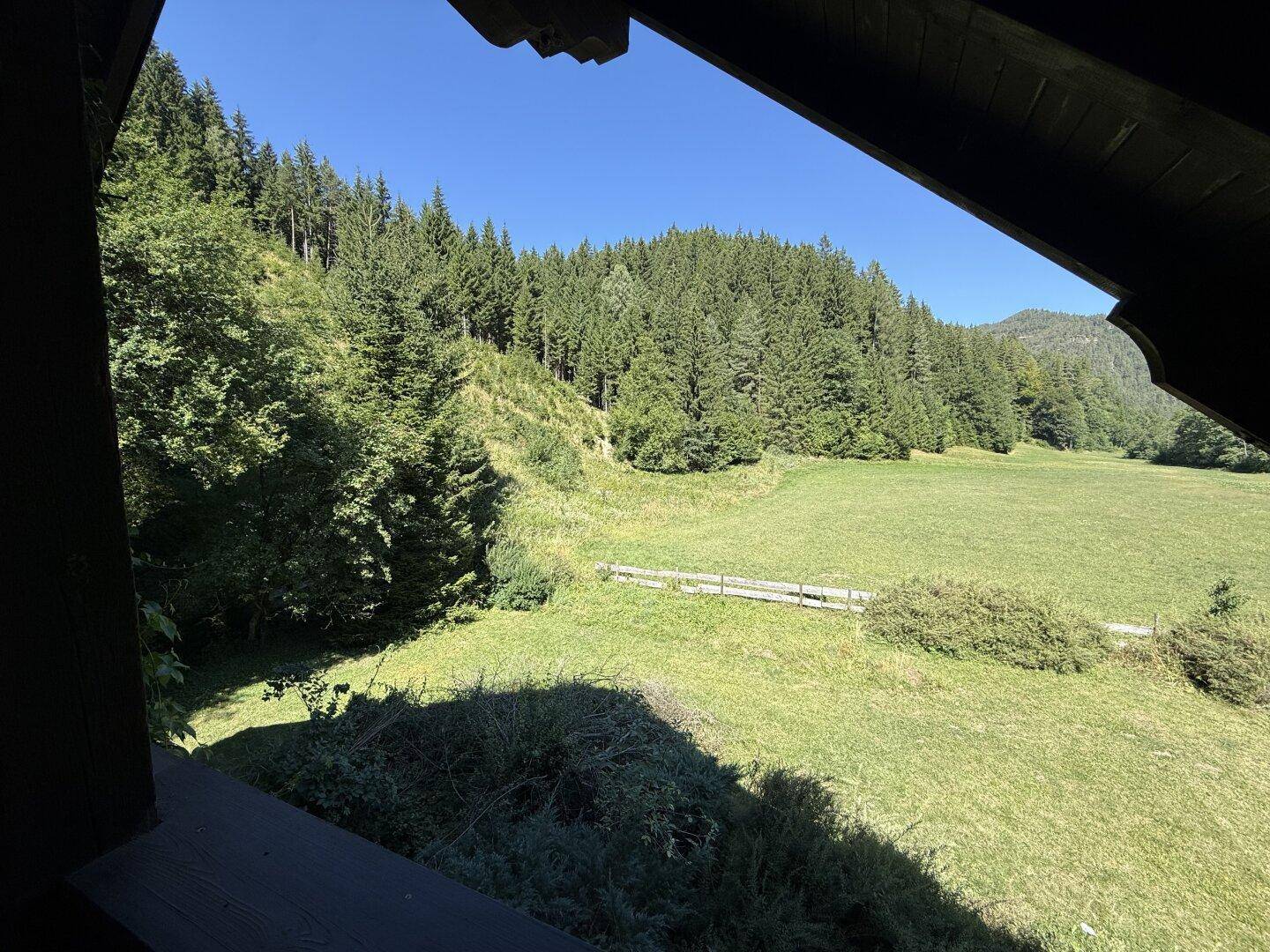 Überdachter Außenbereich mit weitem Blick auf grüne Felder und dichte Wälder unter blauem Himmel.