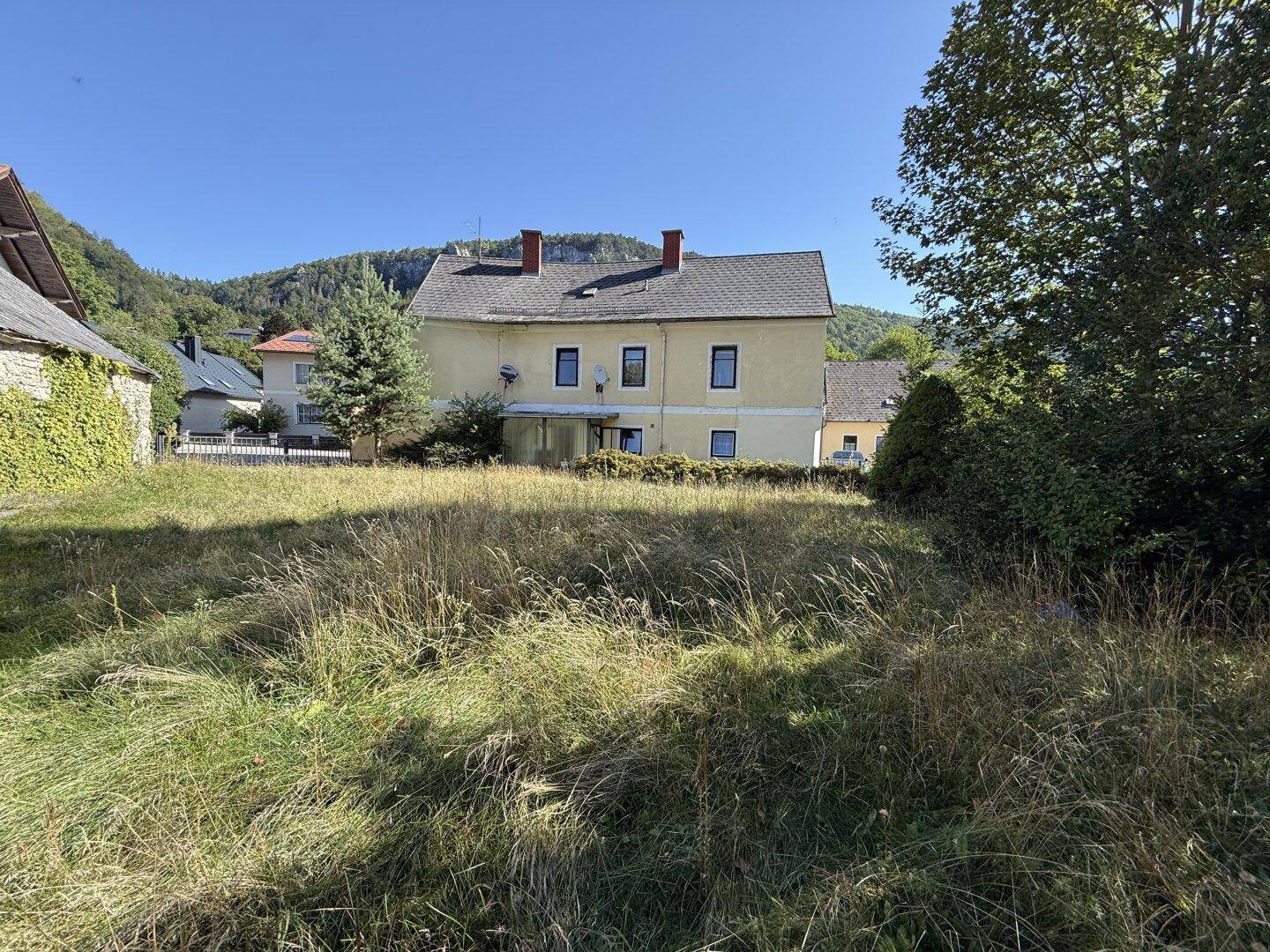 Weitläufige Wiesenfläche mit hohem Gras und Blick auf das hintere Gebäude und die Berge.