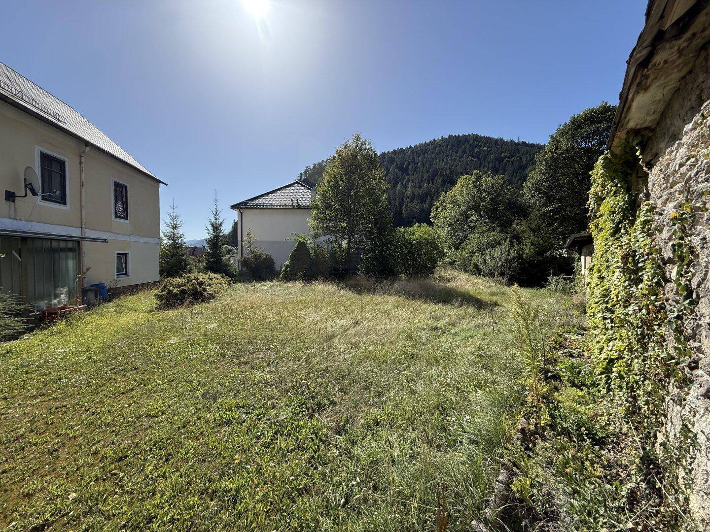 Sonnige Wiesenfläche mit Blick auf das Wohnhaus und die bewaldete Berglandschaft.