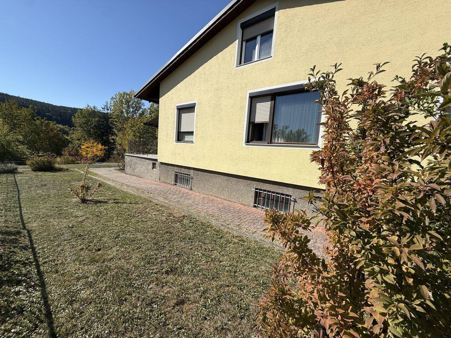 Seitenansicht des gelben Hauses mit Fenstern und Blick auf den umliegenden Garten und Wald.