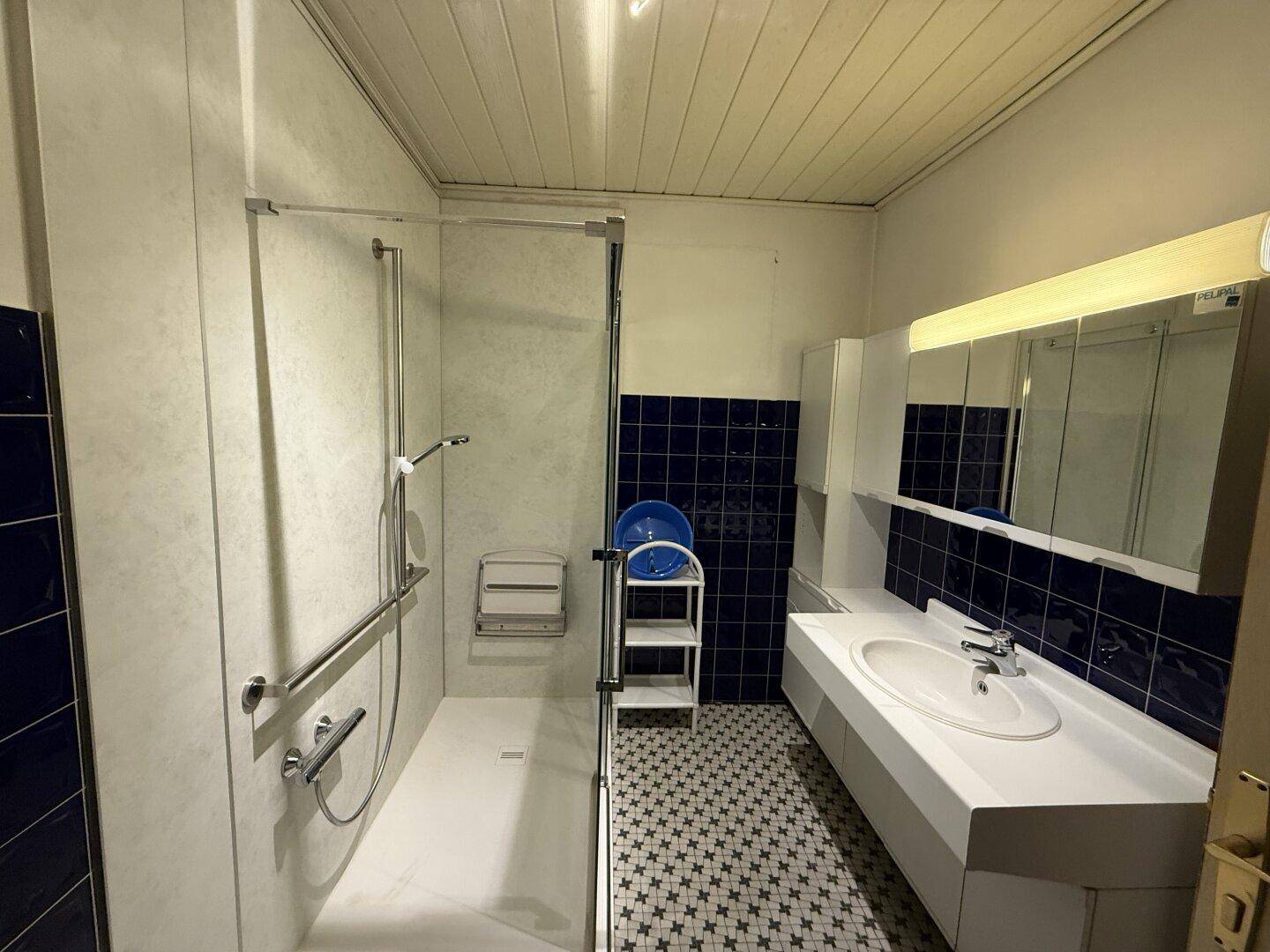 Modernisiertes Badezimmer mit ebenerdiger Dusche, Einzelwaschbecken und blauen Fliesen.