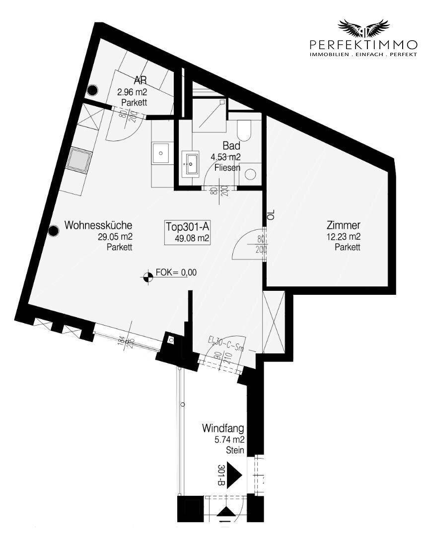 Grundriss einer Wohnung mit offener Wohnküche, einem Schlafzimmer und Badezimmer.