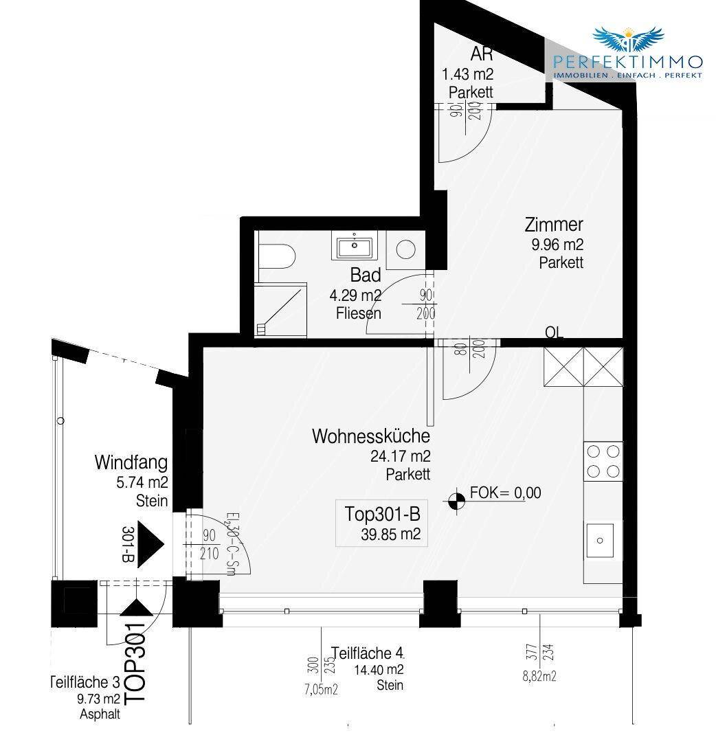 Grundriss einer Wohnung mit offener Wohnküche, Schlafzimmer, Badezimmer und Terrasse.