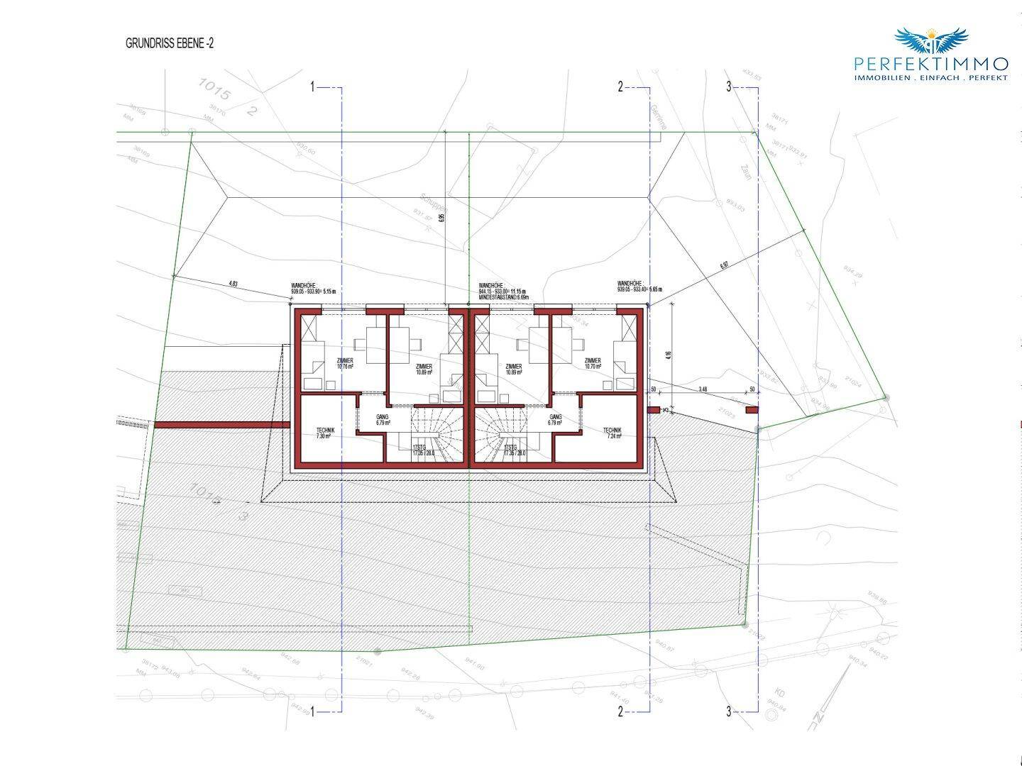Grundriss der Ebene 2 mit weiteren Schlafzimmern, Bädern und Treppenhaus für zwei Wohneinheiten.