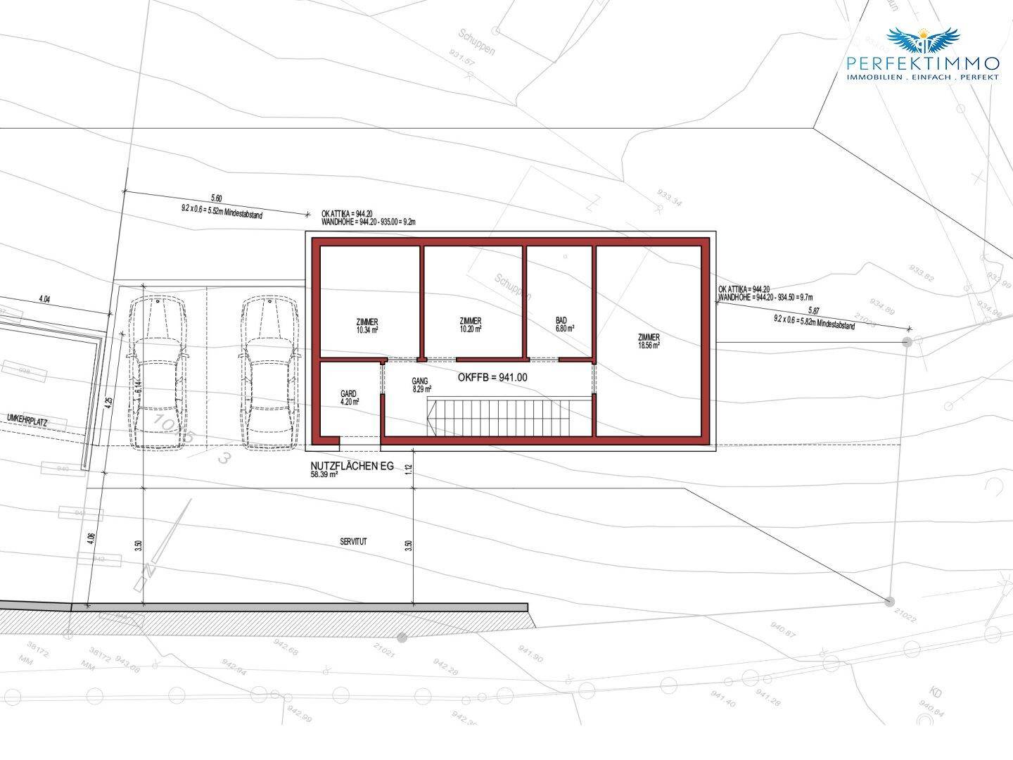 Grundrissplan des Erdgeschosses mit Zimmeraufteilung und zwei Parkplätzen im Außenbereich.
