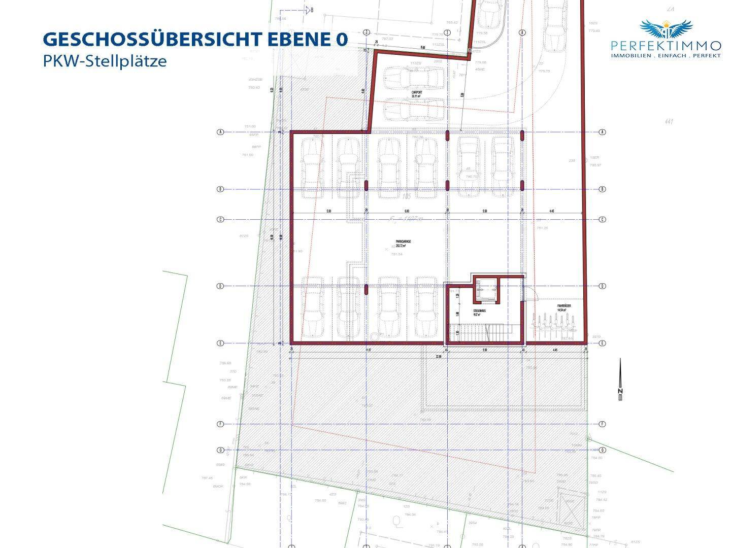 Übersichtsplan der Ebene 0 mit Tiefgaragenstellplätzen und Zugangsbereich.