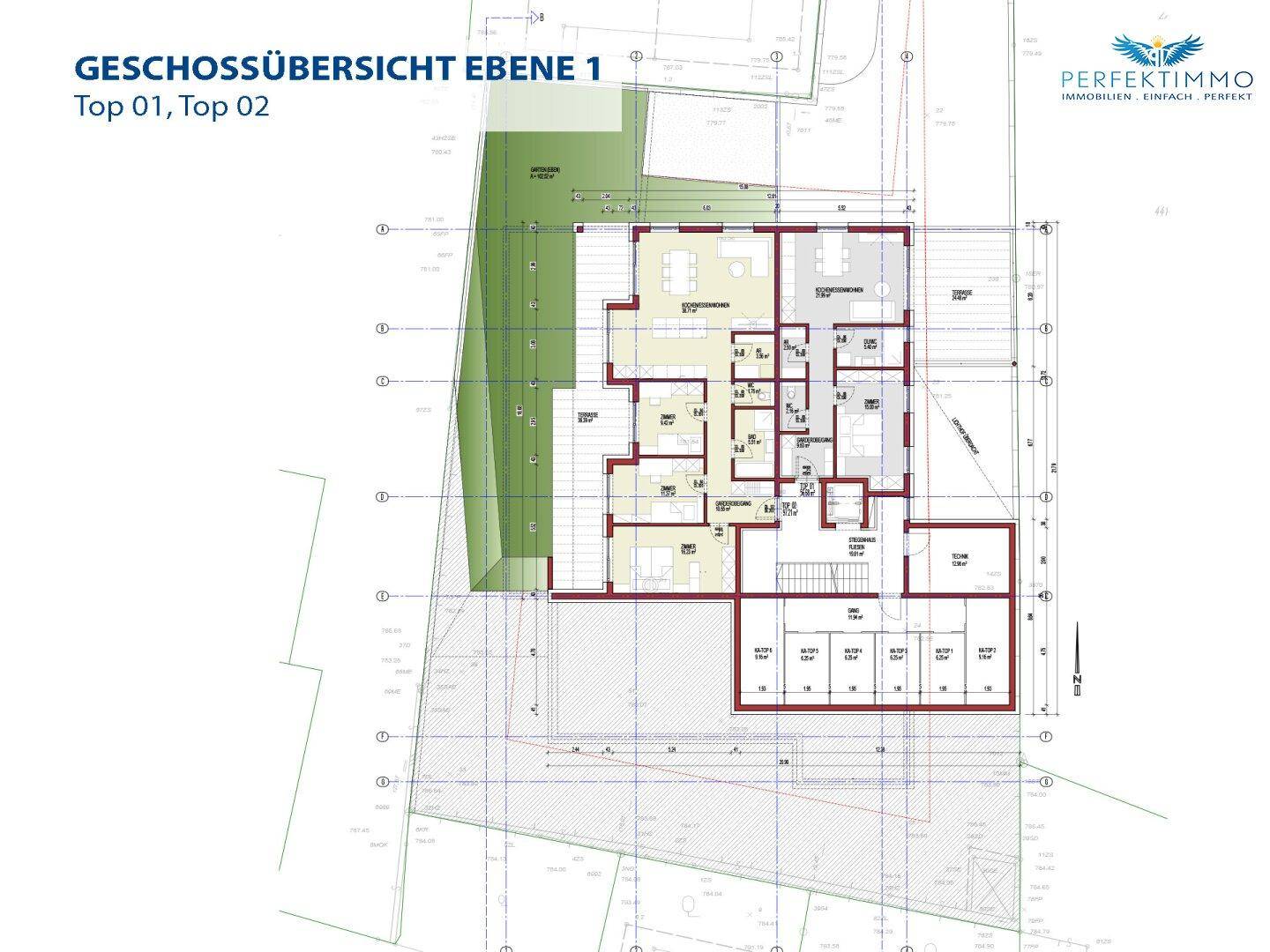 Grundrissübersicht der Ebene 1 mit zwei Wohneinheiten und Balkonen.
