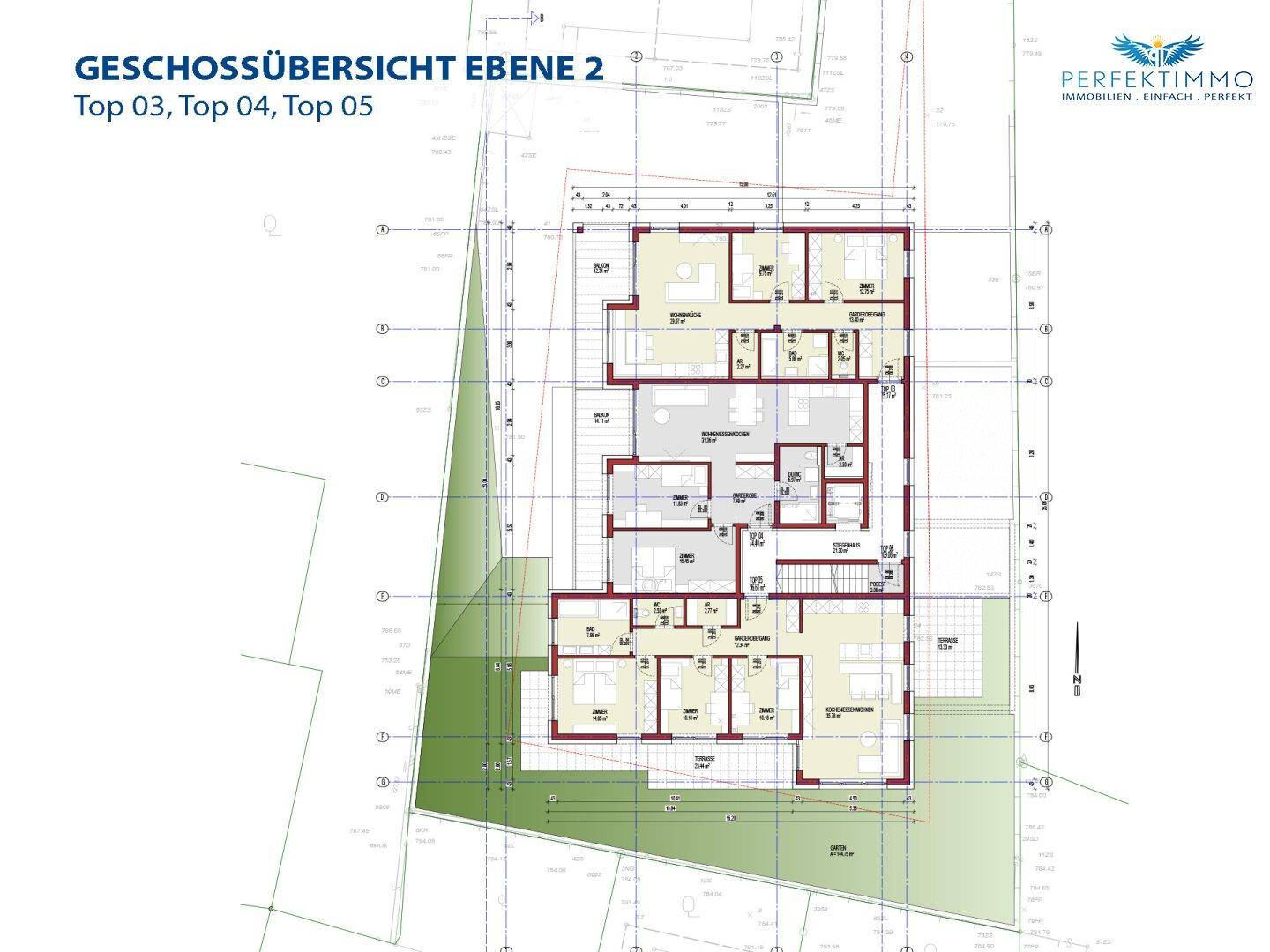 Grundrissübersicht der Ebene 2 mit drei Wohneinheiten und Balkonen.