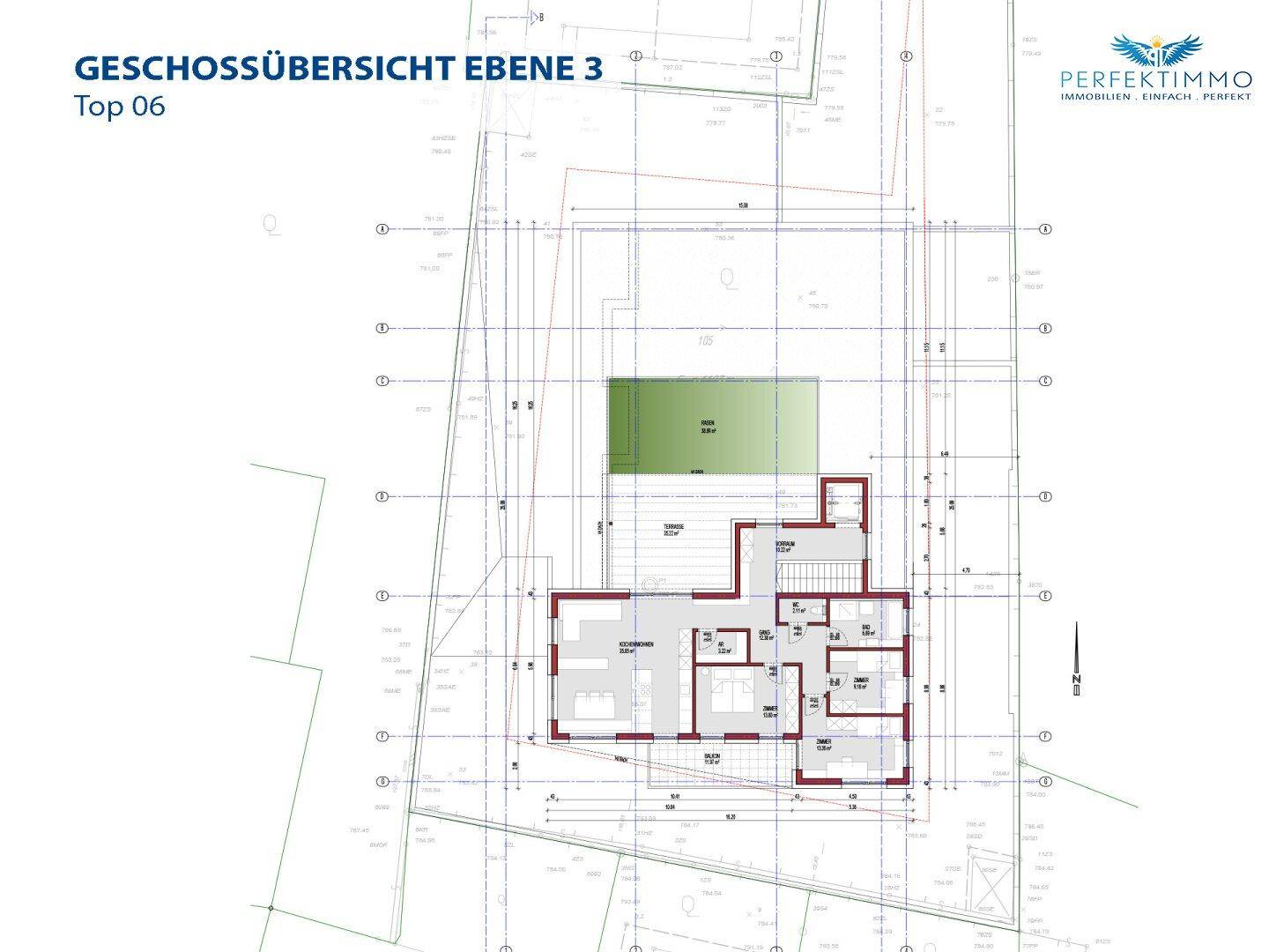 Grundrissübersicht der Ebene 3 mit einer Wohneinheit und Dachterrasse.