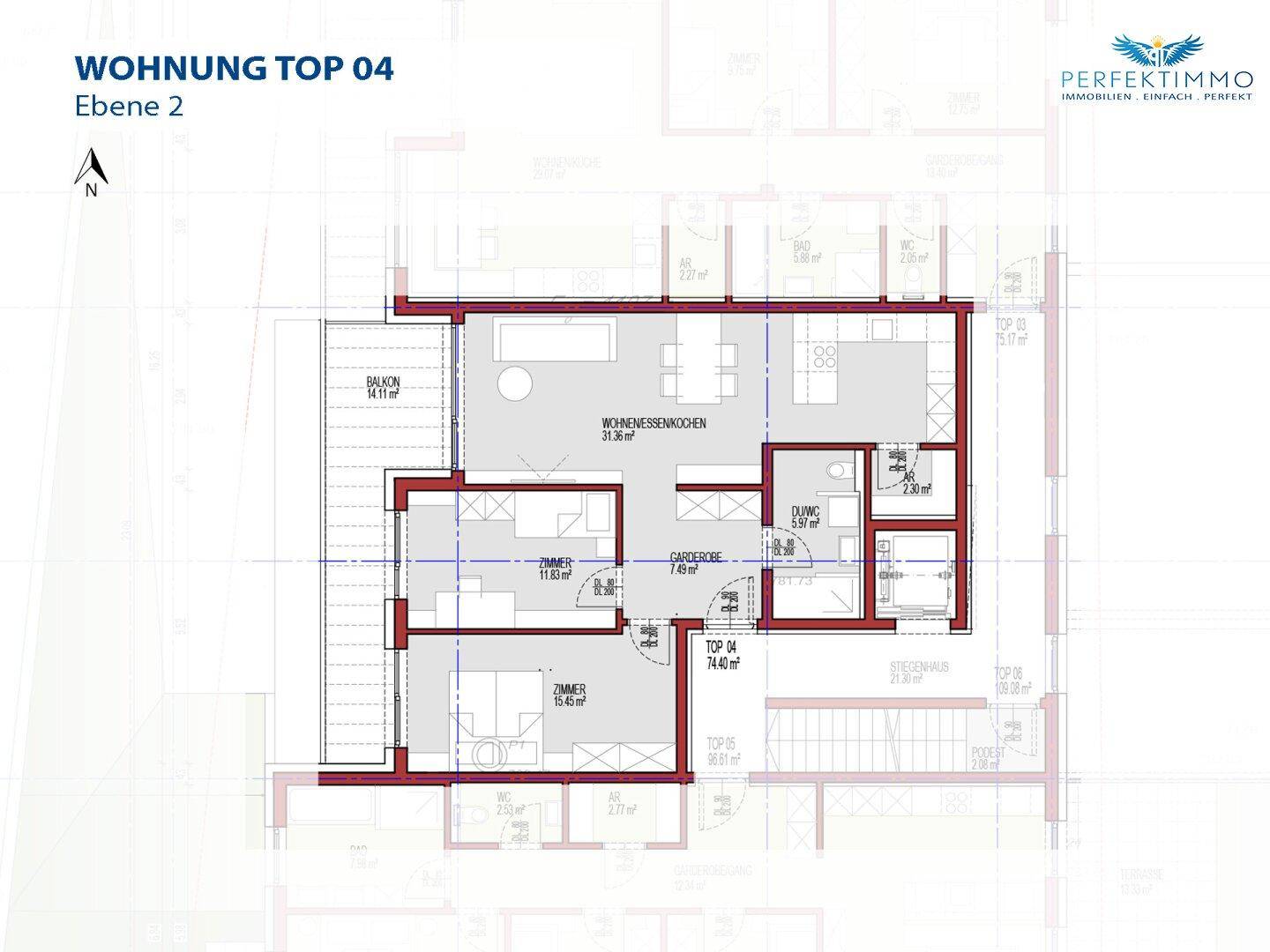 Grundriss der Wohnung Top 04 auf Ebene 2 mit offenem Wohn-Essbereich und Balkon.