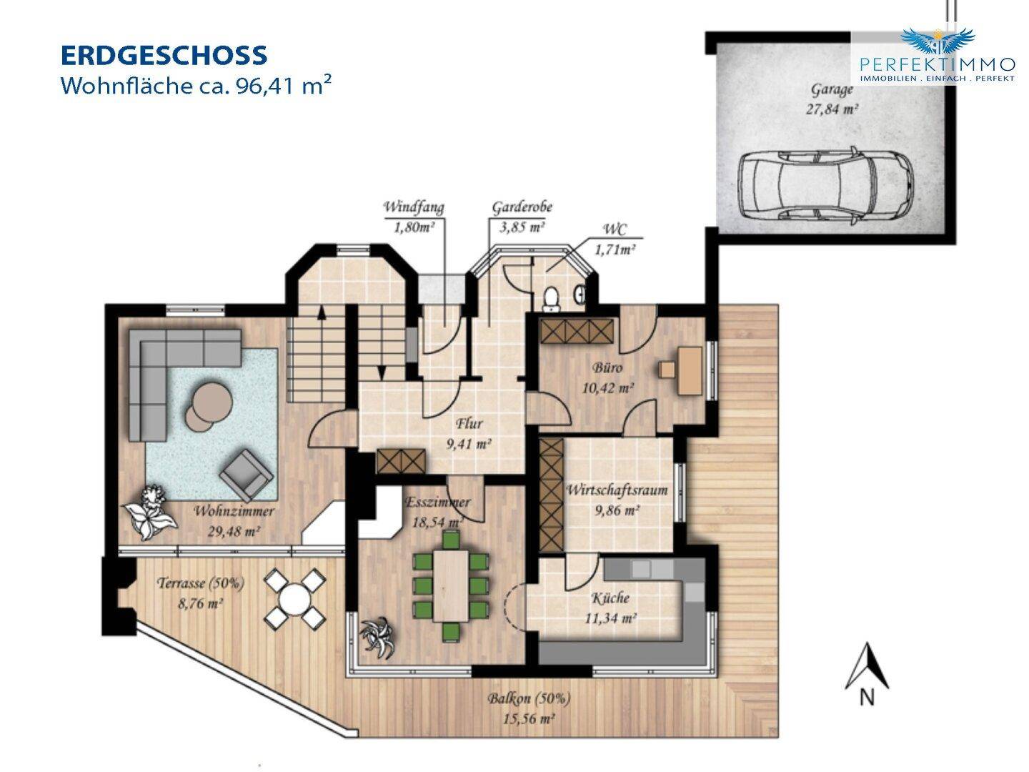 Grundriss des Erdgeschosses mit Wohnzimmer, Küche, Esszimmer, Büro und Terrasse.