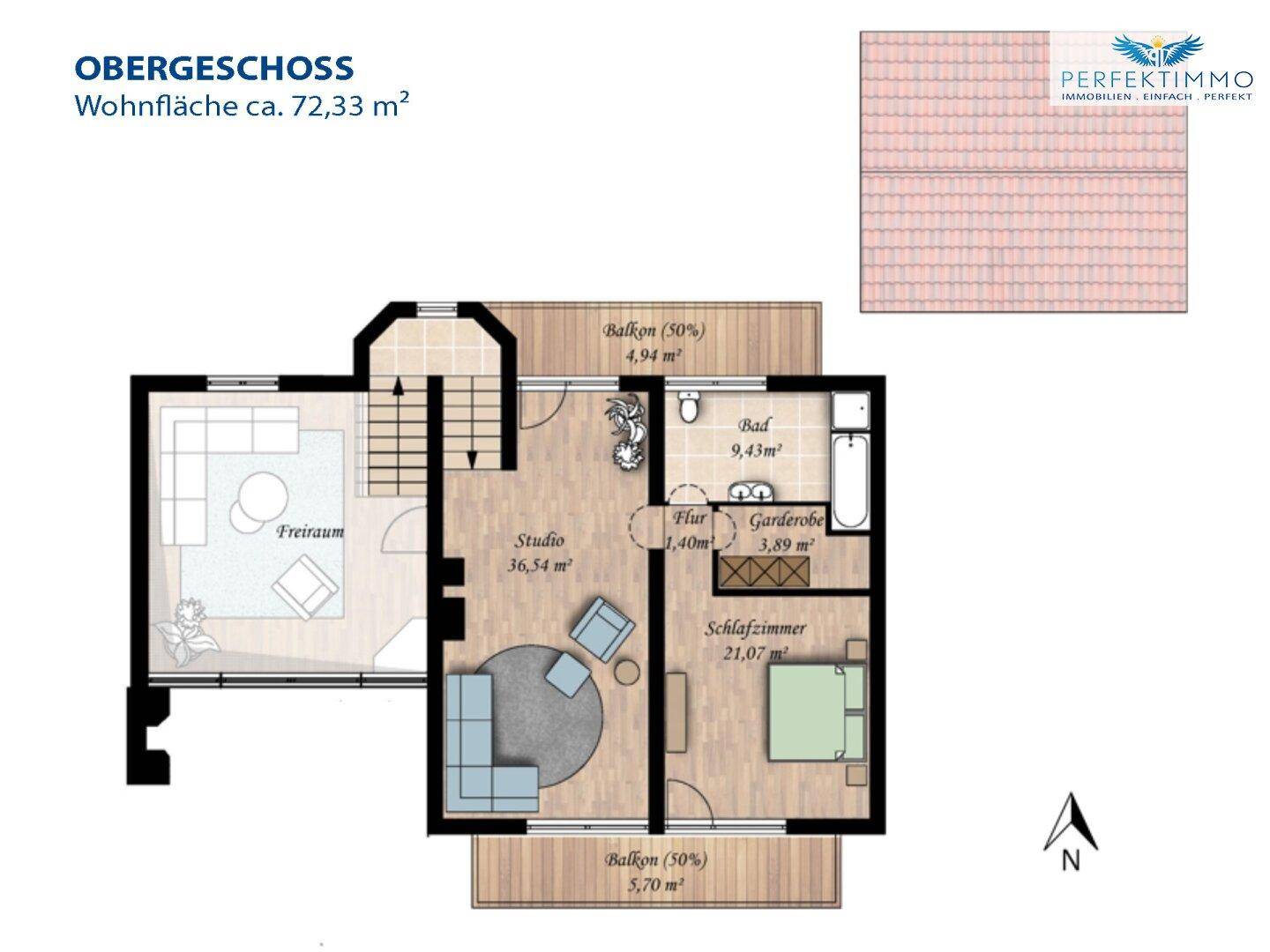 Grundriss des Obergeschosses mit Schlafzimmer, Bad, Studio und zwei Balkonen.