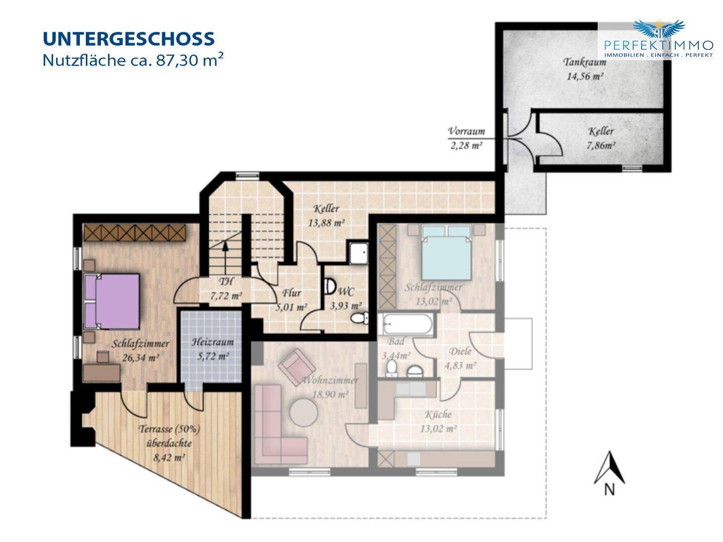 Grundriss des Untergeschosses mit zwei Schlafzimmern, Bad, Keller und überdachter Terrasse.