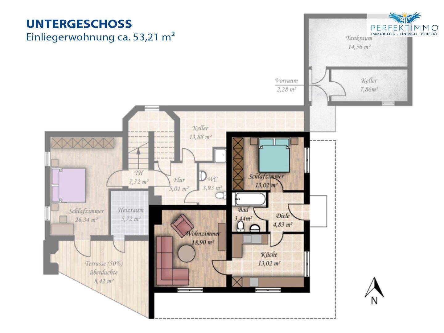 Grundriss der Einliegerwohnung im Untergeschoss mit Schlafzimmer, Wohnzimmer, Küche und Bad.