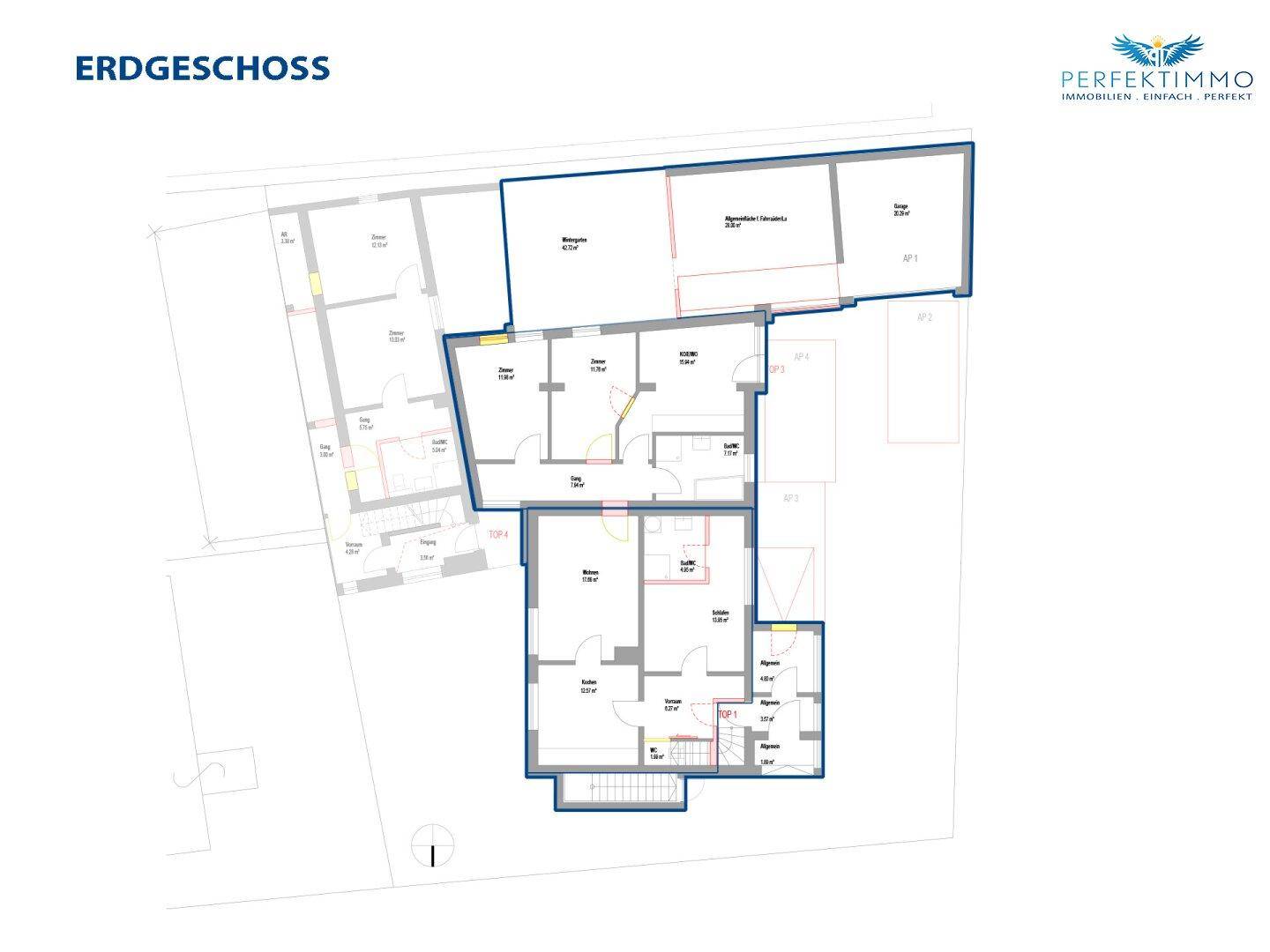 Grundriss des Erdgeschosses mit mehreren Zimmern und klarer Raumaufteilung.