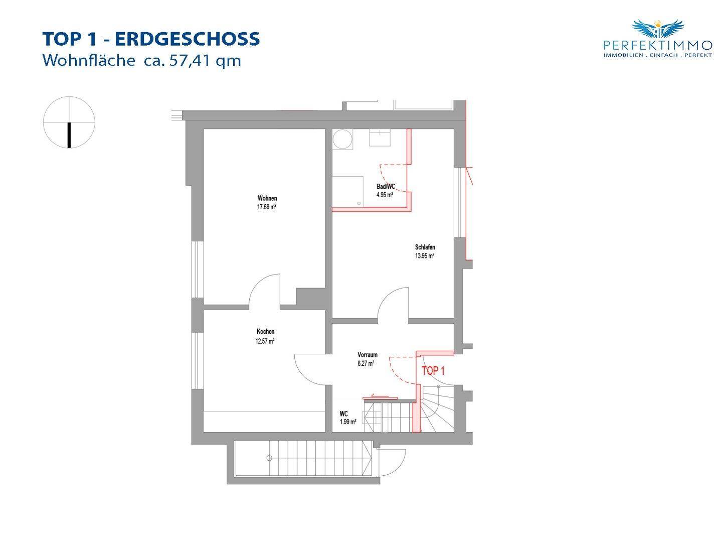 Detaillierter Grundriss von Top 1 im Erdgeschoss mit Wohn- und Schlafbereich.
