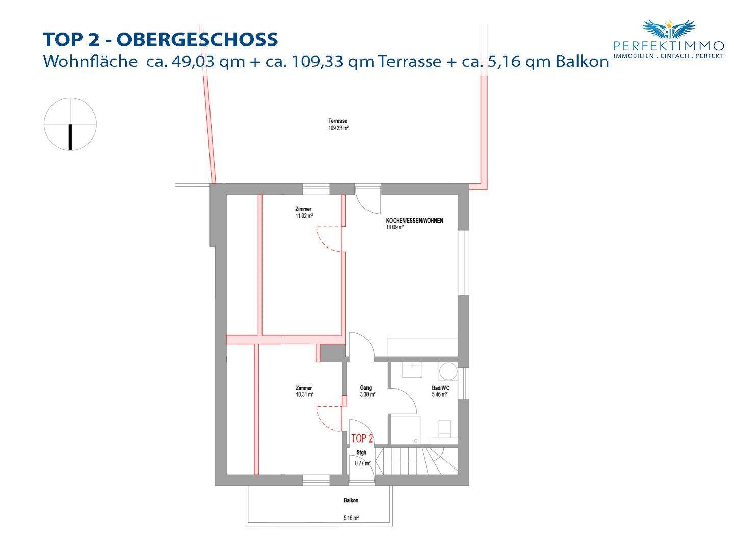 Detaillierter Grundriss von Top 2 im Obergeschoss mit Terrasse und Balkon.