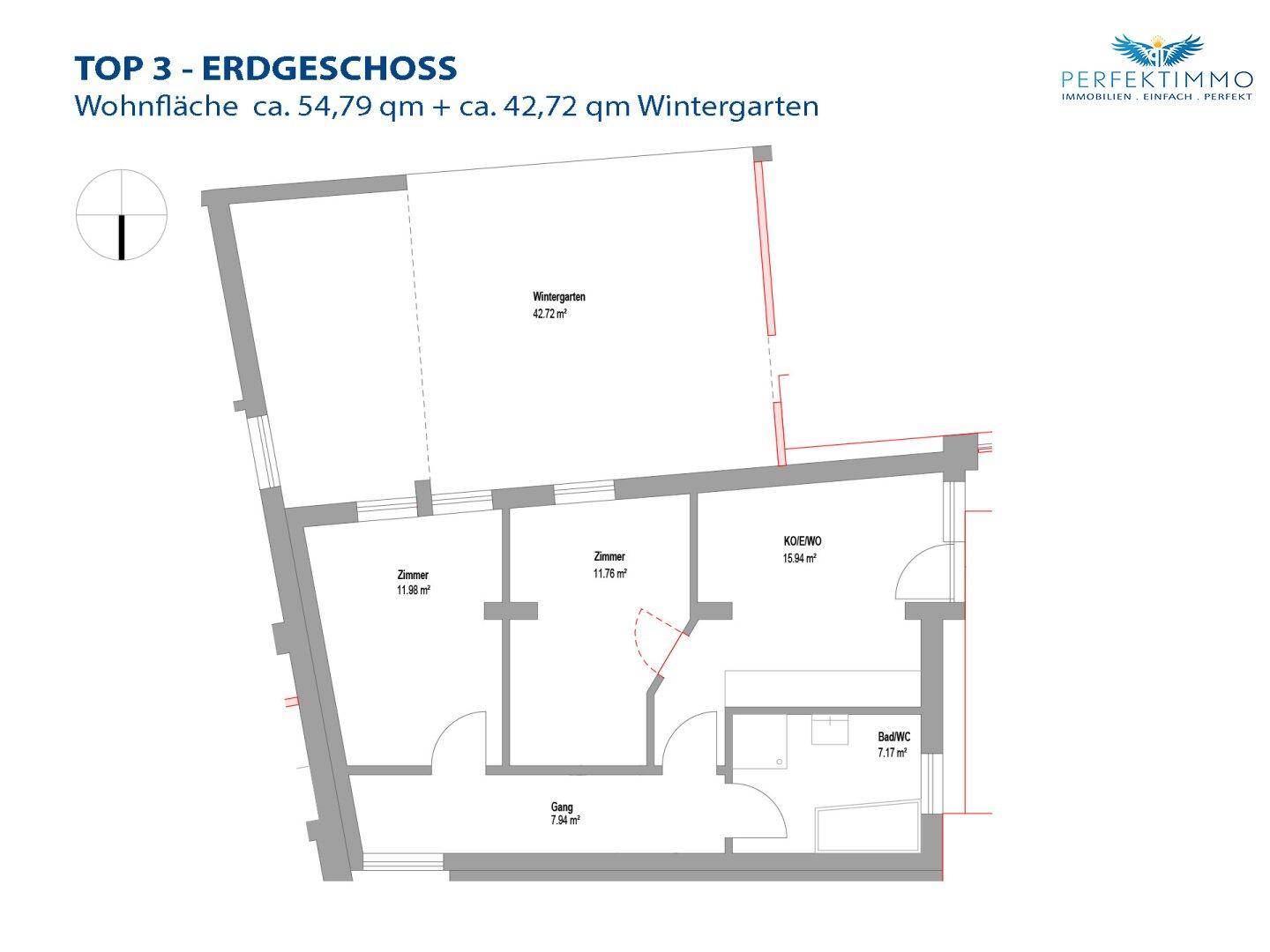 Detaillierter Grundriss von Top 3 im Erdgeschoss mit Wintergarten und Zimmern.