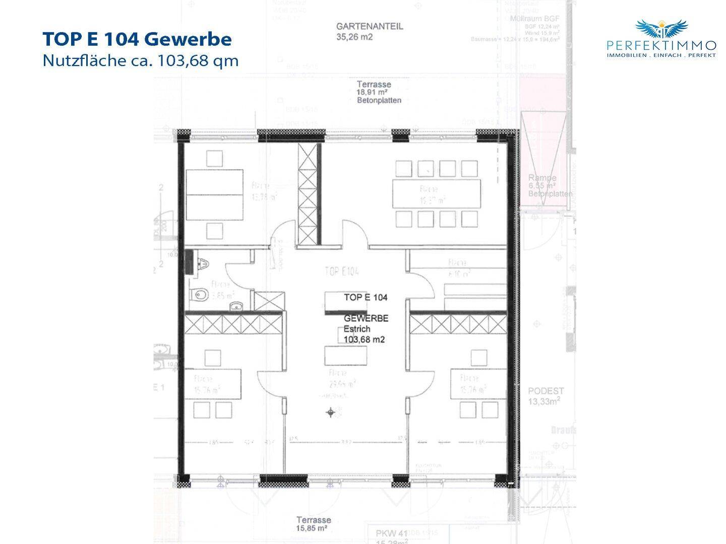 Grundriss für Gewerbefläche TOP E 104 mit einer Nutzfläche von ca. 103,68 m² inklusive Terrasse und Gartenanteil.