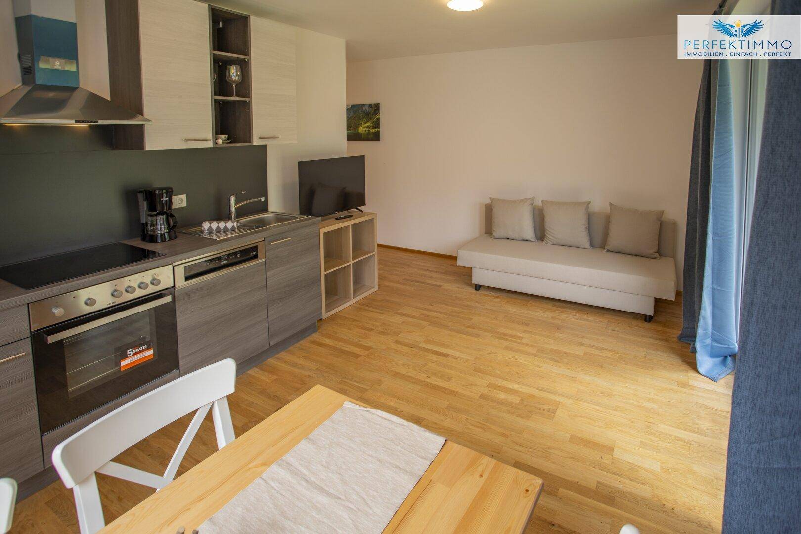 Offener Wohnbereich mit Sofa und Blick auf die integrierte Küchenzeile.